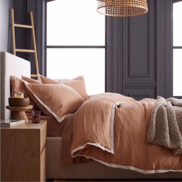 NWOT Quince European Linen Contrast Flange Duvet Cover Set Desert Sunset Ivory - Picture 4 of 6